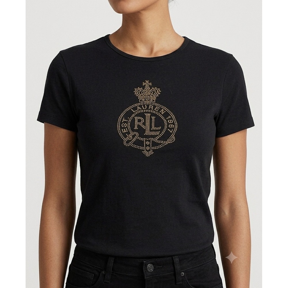 VTG Y2K Lauren Ralph Lauren Rhinestone‎ Crest Tee Black P/L
